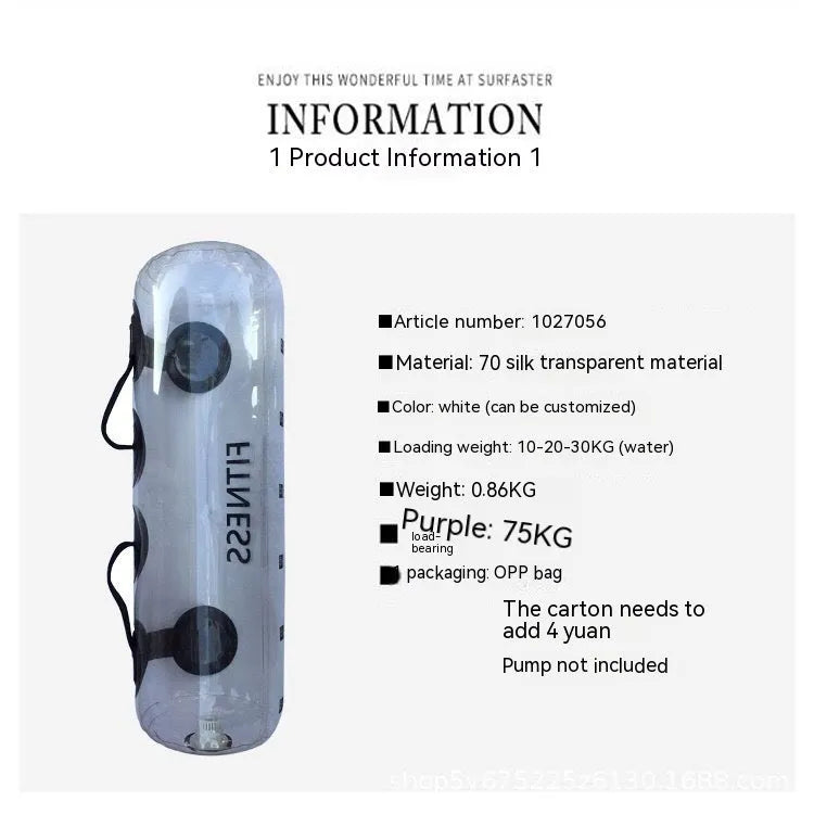 Transparent PVC inflatable water weight bag for strength training with visible water filling