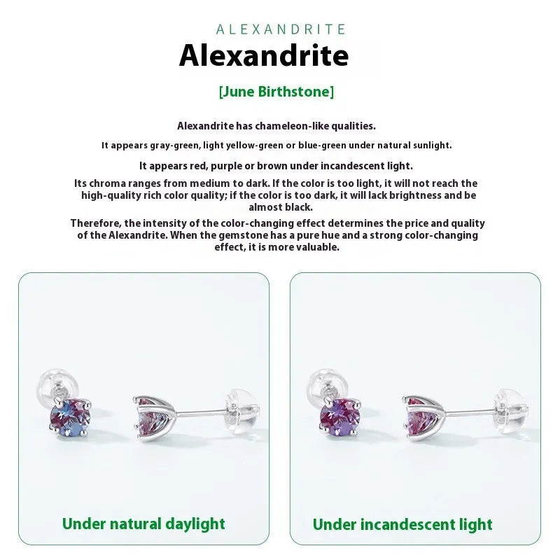 A pair of sterling silver geometric circle ear studs with a cultivated alexandrite stone.