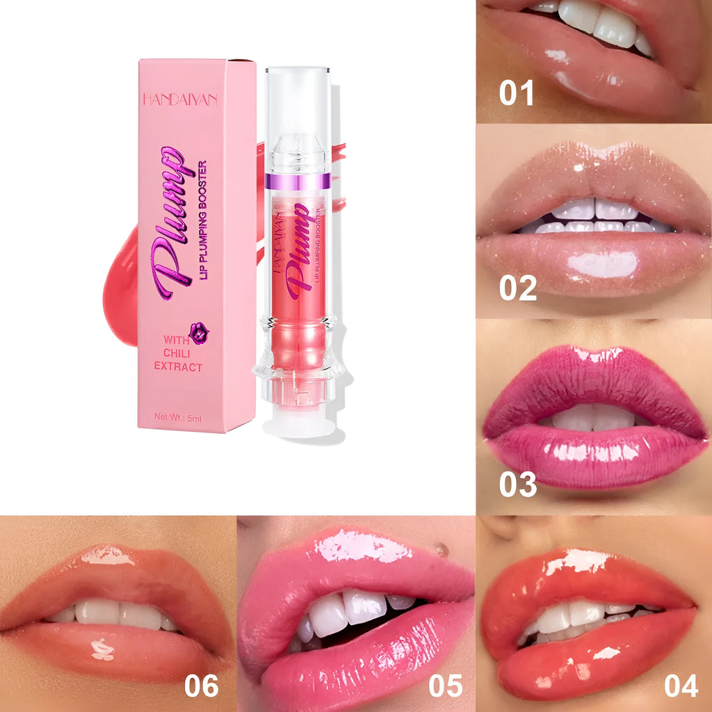 Tube of silky texture lip gloss showing shiny finish, available in six colours with 5ml content