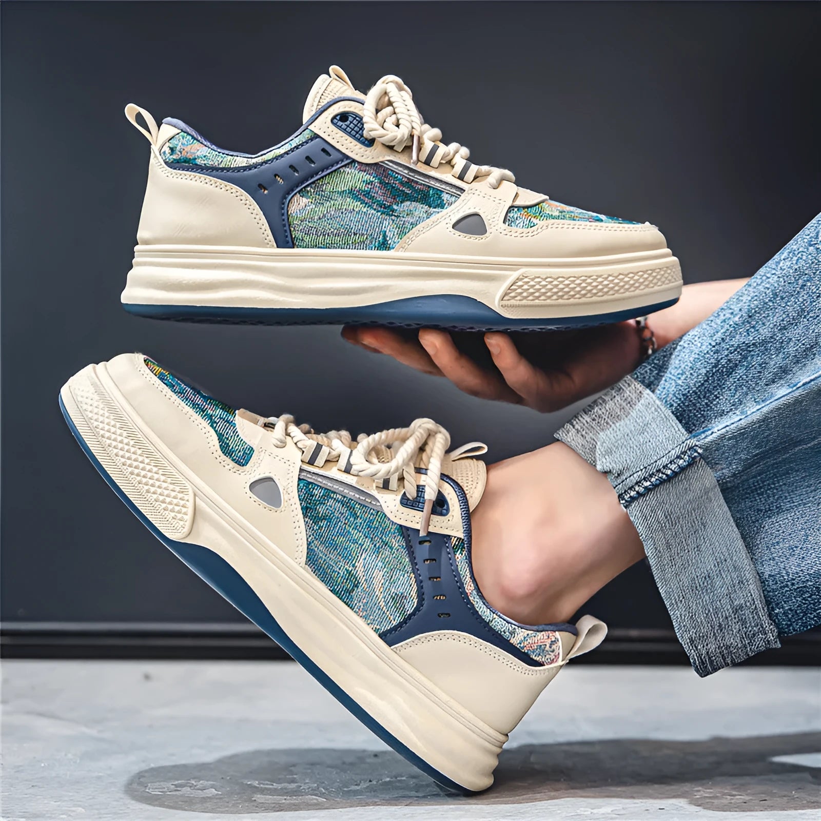 Canvas plimsoll shoes in Milan green and beige colours with flat heel and round toe design