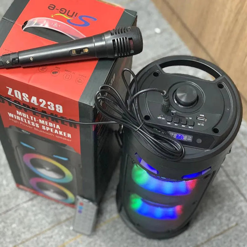 Black portable Bluetooth speaker with wheat pattern finish and dual horn cannon design