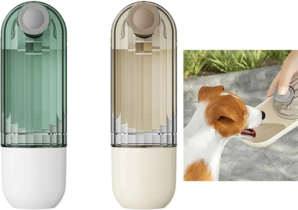Foldable dog water bottle with food dispenser in beige or green colour for walking and hiking
