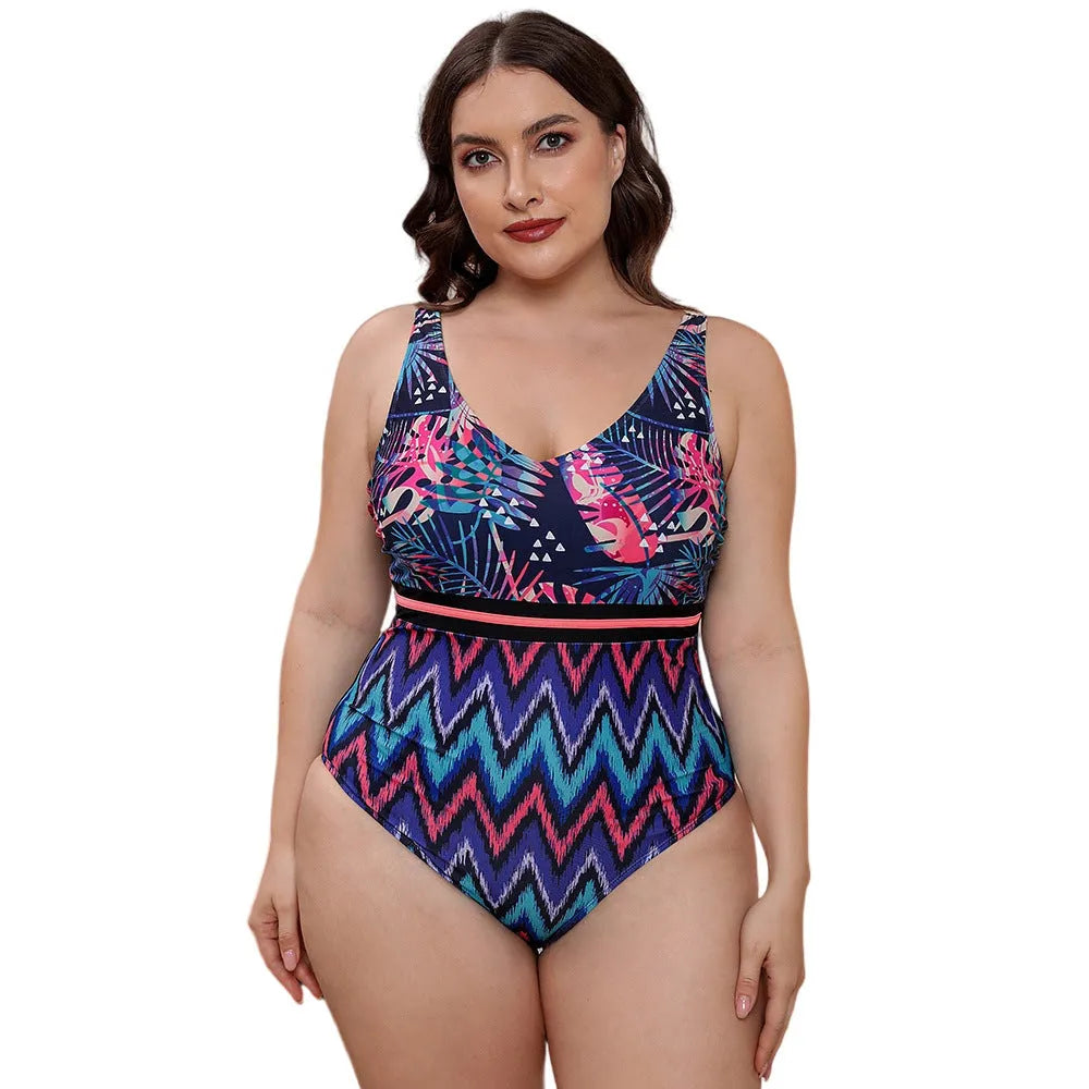 Women's printed spaghetti straps one-piece swimsuit with striped vest design for swimming sports