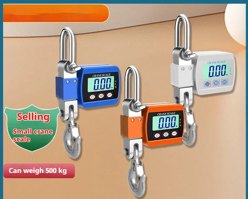 Blue digital hook scale displaying weight on electronic screen with 500kg max capacity