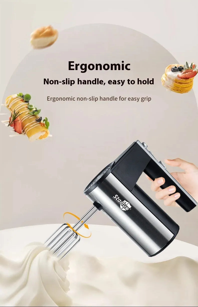 SL-25209 model 500W electric hand mixer with five-speed control and dual voltage compatibility.