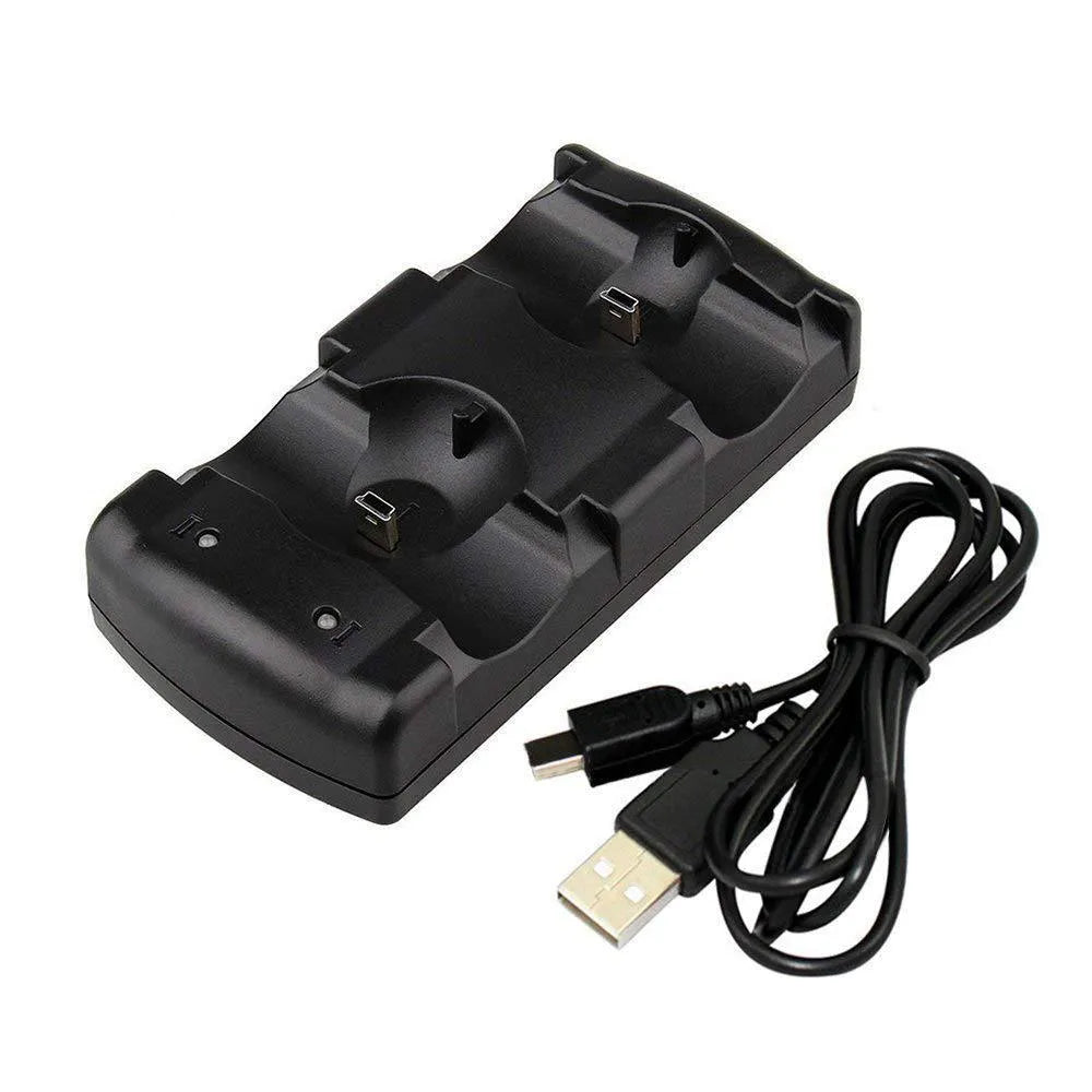 Black PS3 dual wireless charging base station for two original PlayStation 3 controllers with USB cable