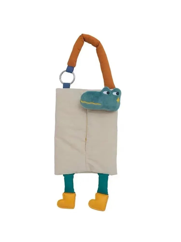 Plush hanging car tissue bag in baby crocodile colour measuring 25x19cm