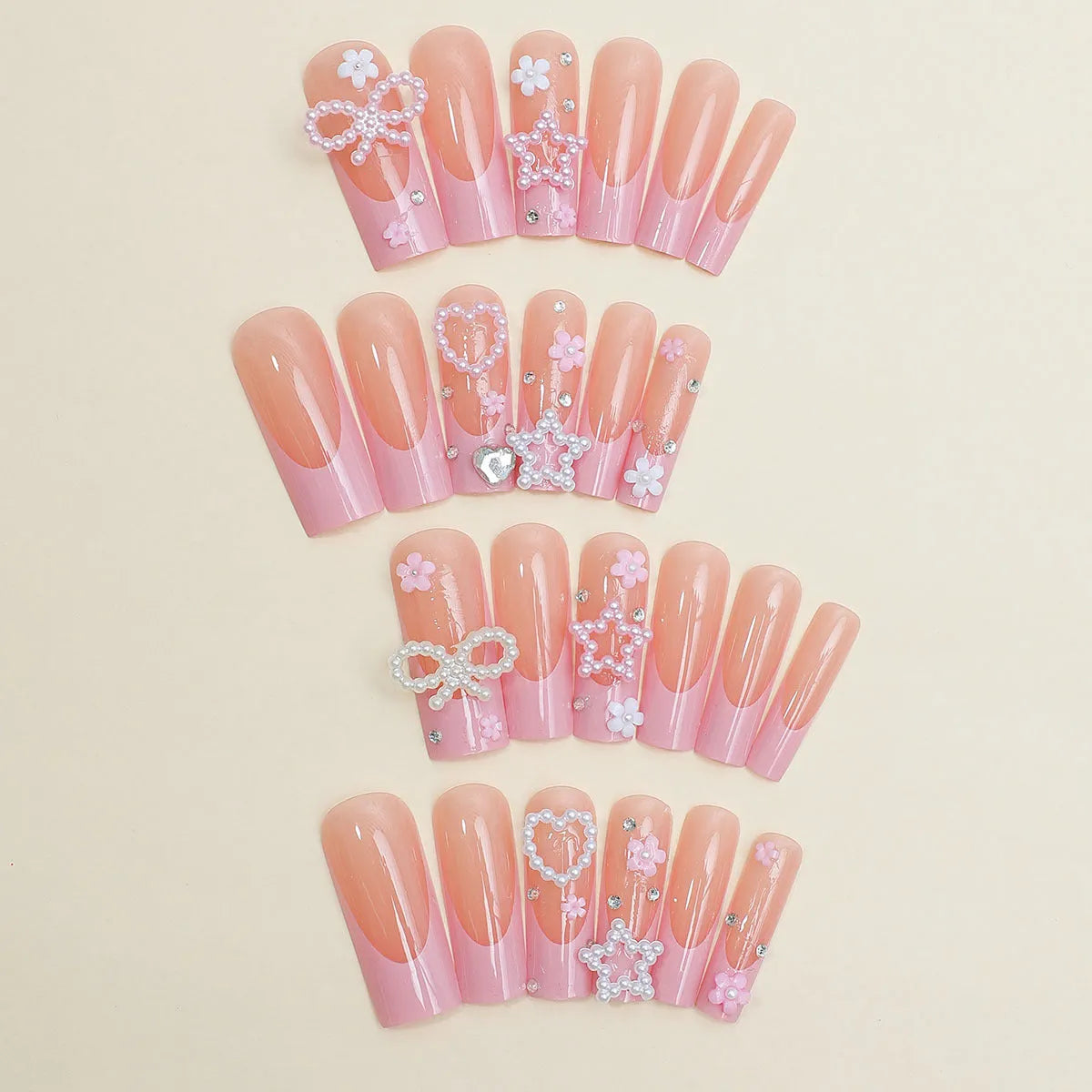 French manicure false nails with spot drill bow decoration in XB-70-48 colour with love pattern