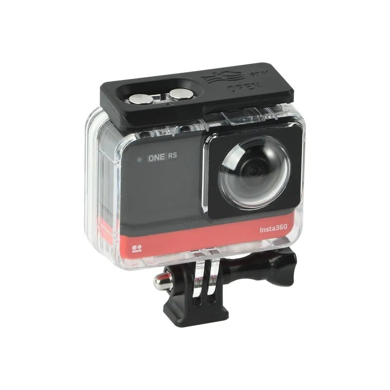 Transparent waterproof case for Insta360 One RS panoramic dual-lens action camera.