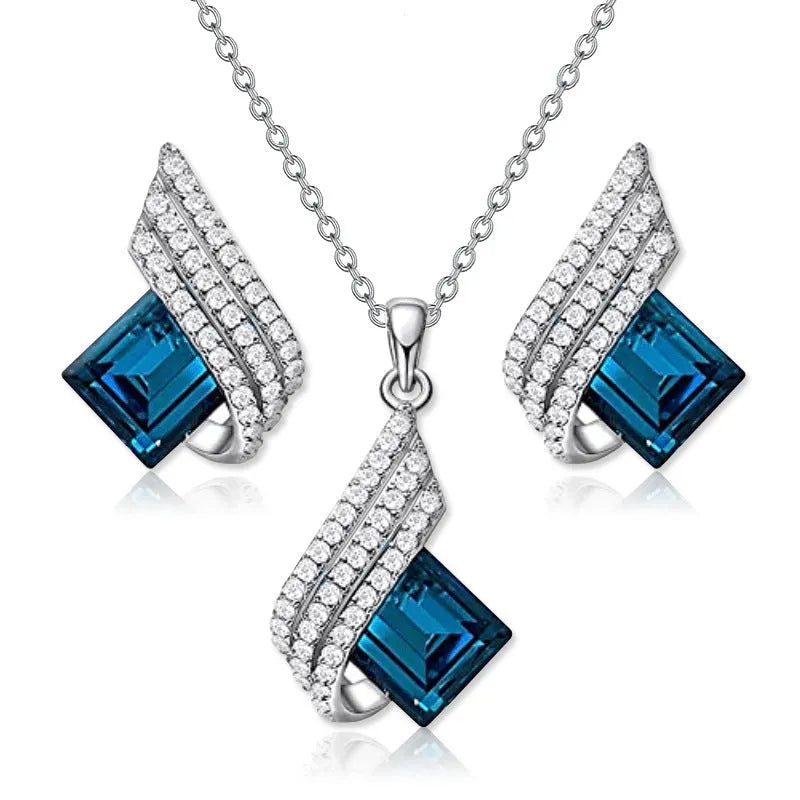 Glass pendant necklace with alloy cross chain and matching electroplated ear studs jewellery set