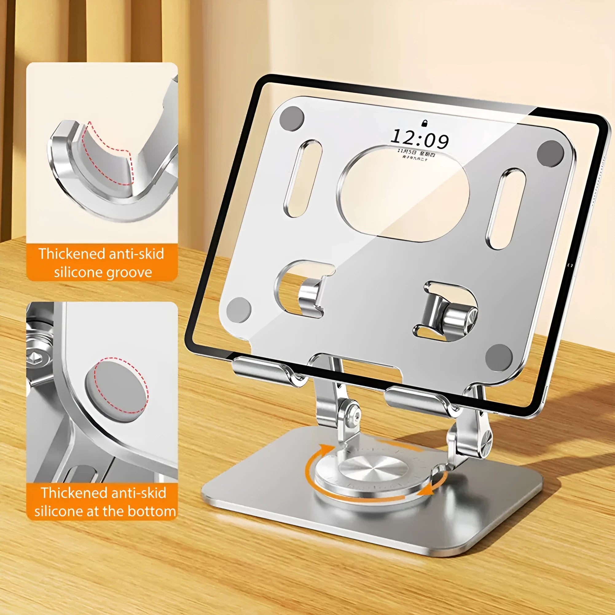 Rotating flat stand in silver colour showing adjustable height mechanism for tablets