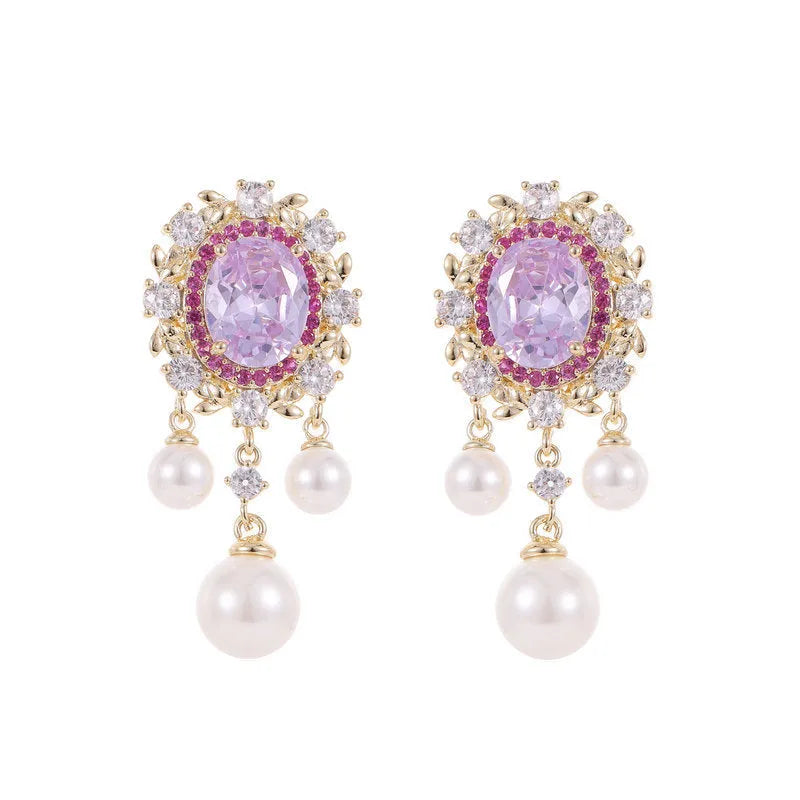 Oval geometric zircon inlaid pearl tassel earrings in copper with light purple colour option
