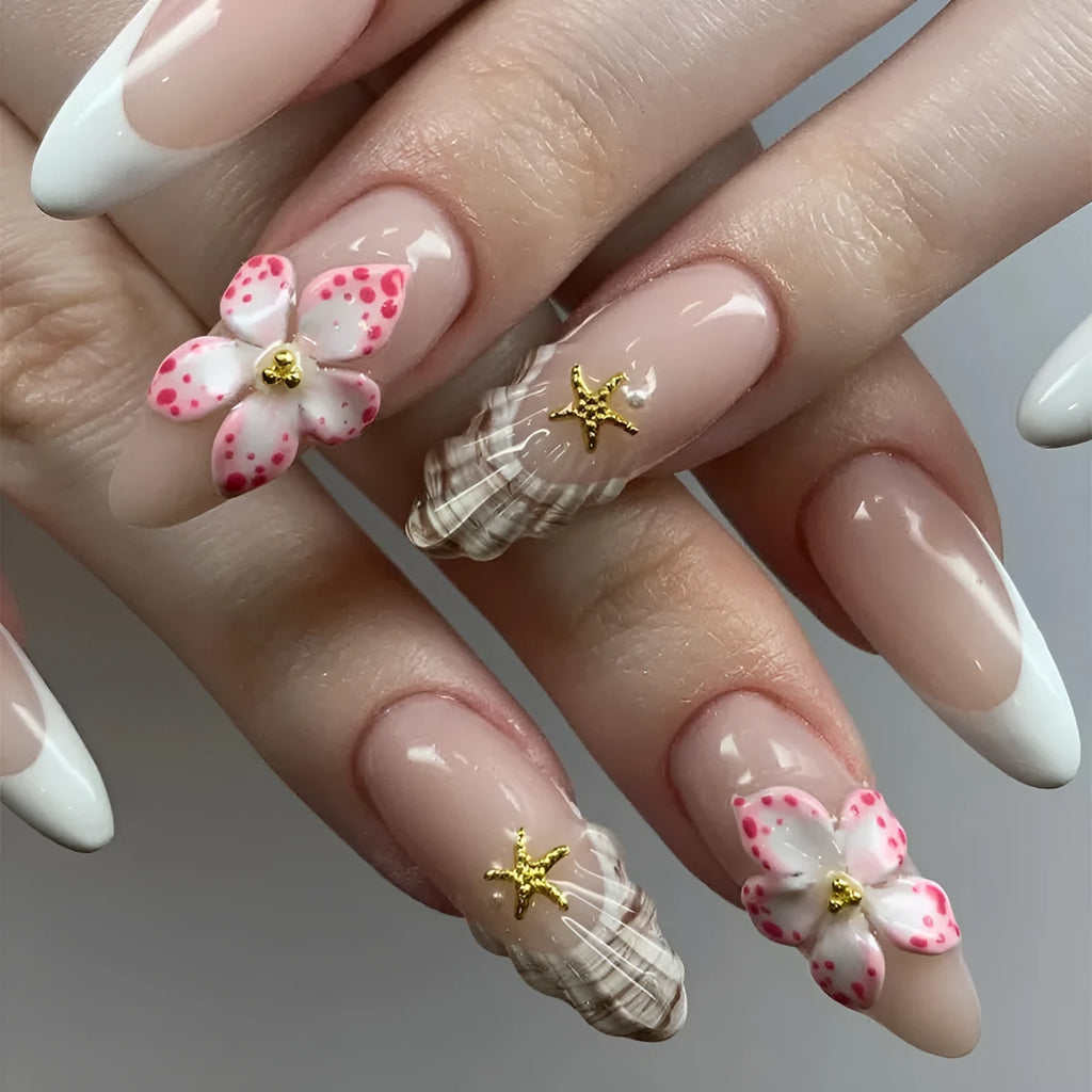 French style false nails with rock pattern and simple W1764 flower design in a plastic kit.