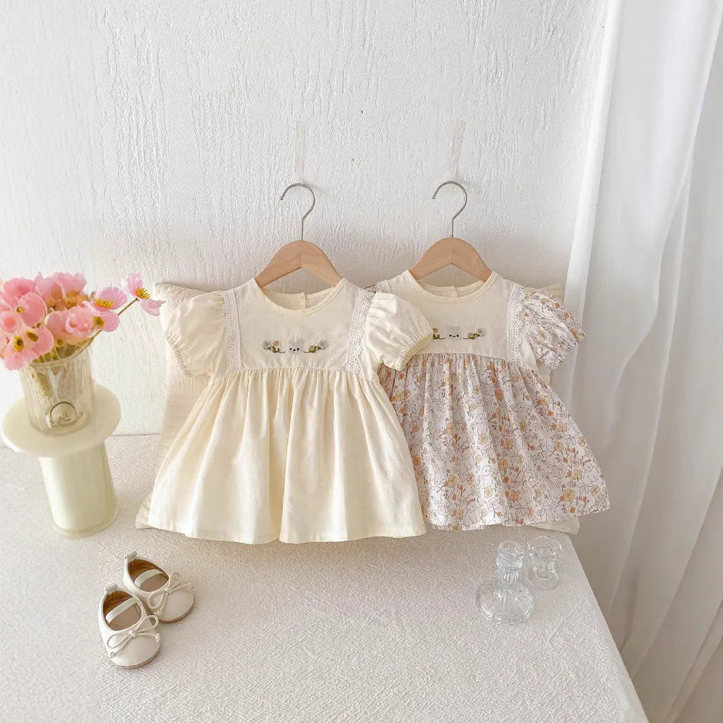 Girls' cotton lace princess summer dress with short sleeves in floral pattern