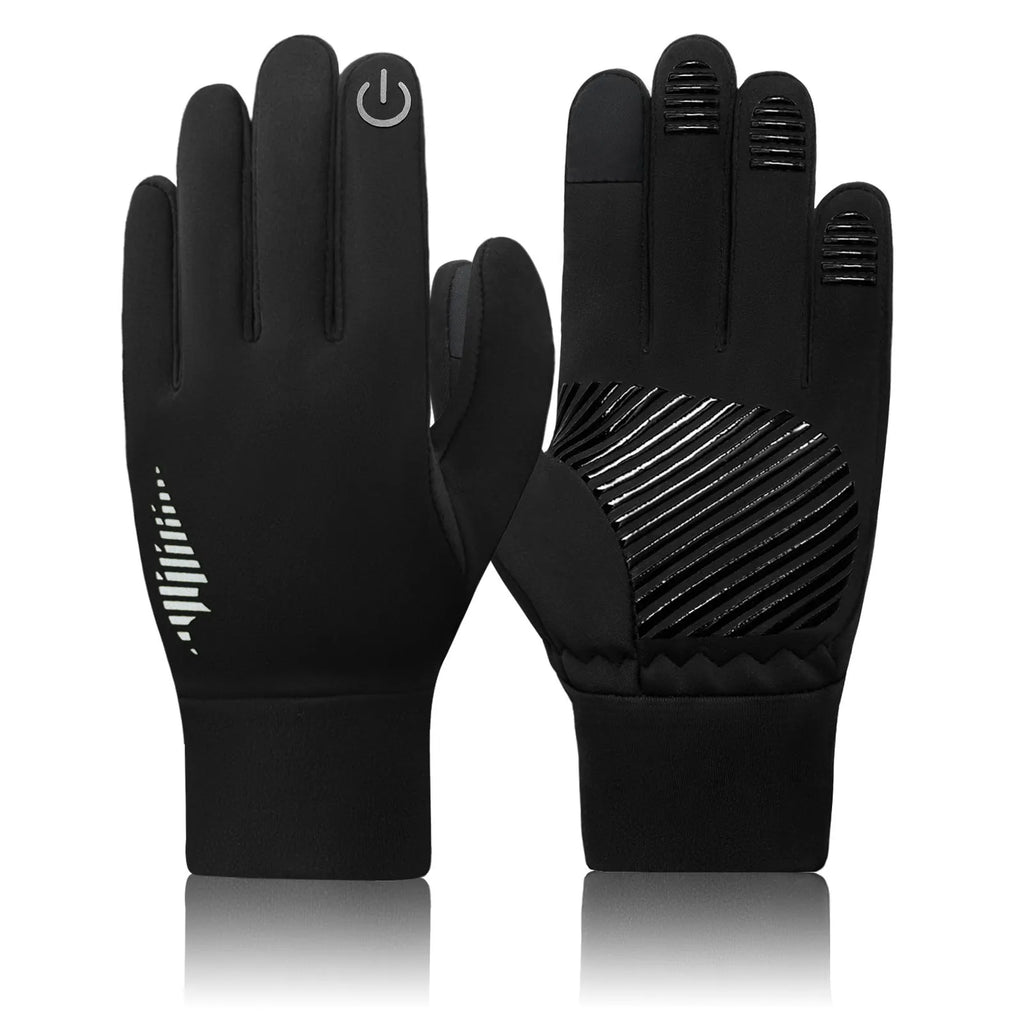 Men's fleece-lined anti-slip thick warm cycling gloves in black, fluorescent yellow, and purple on a white background