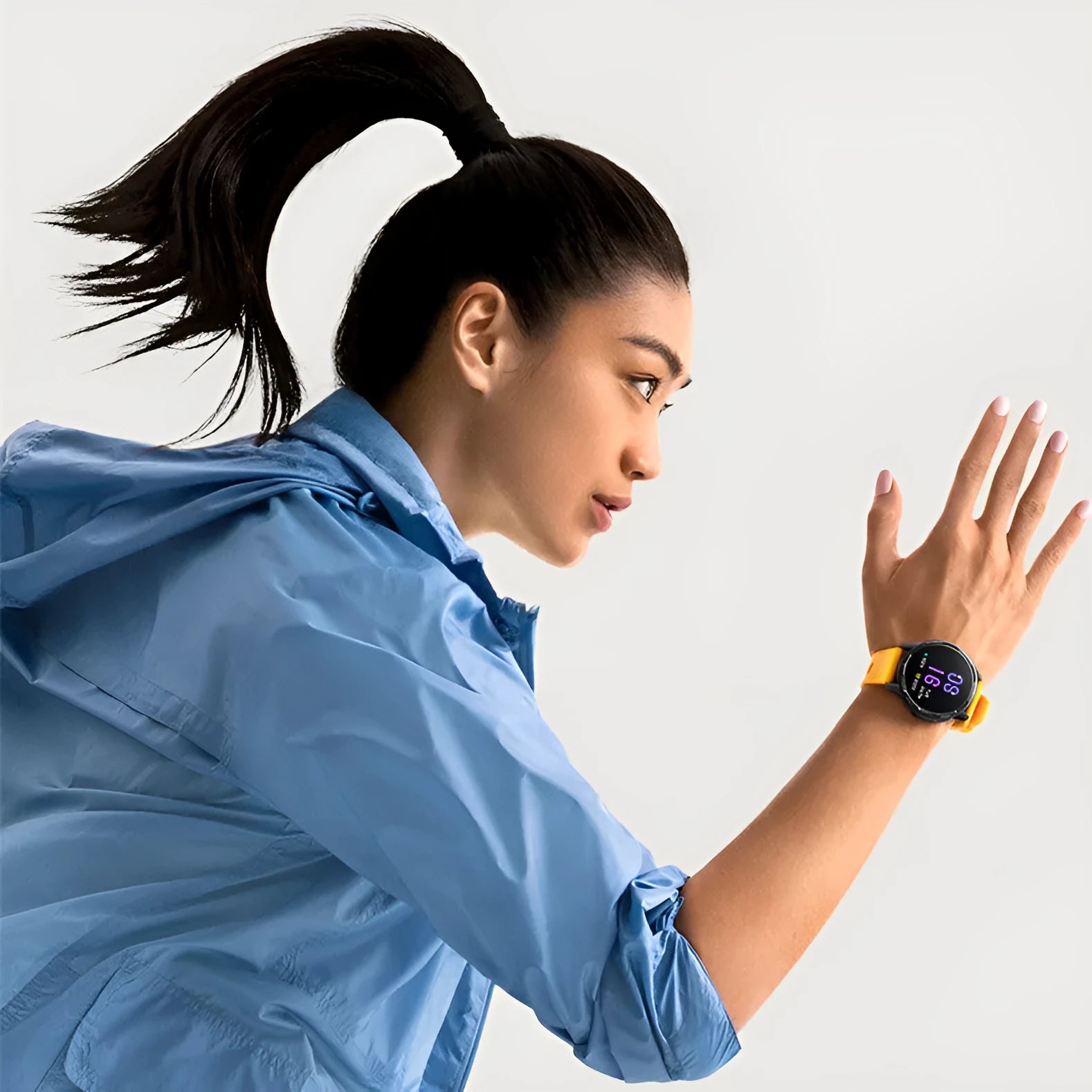Dual band GPS smart watch with 1.43-inch screen in black, white, or blue colour options