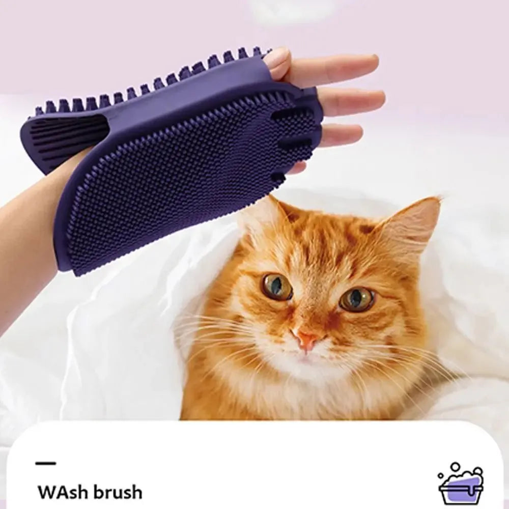 Purple dual-sided pet shampoo massage brush with soft TPR bristles and ergonomic handle.