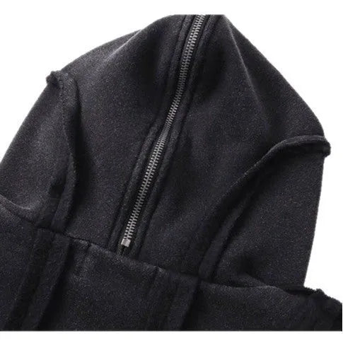 Black padded cotton cardigan with zip front, hood, and abstract pattern