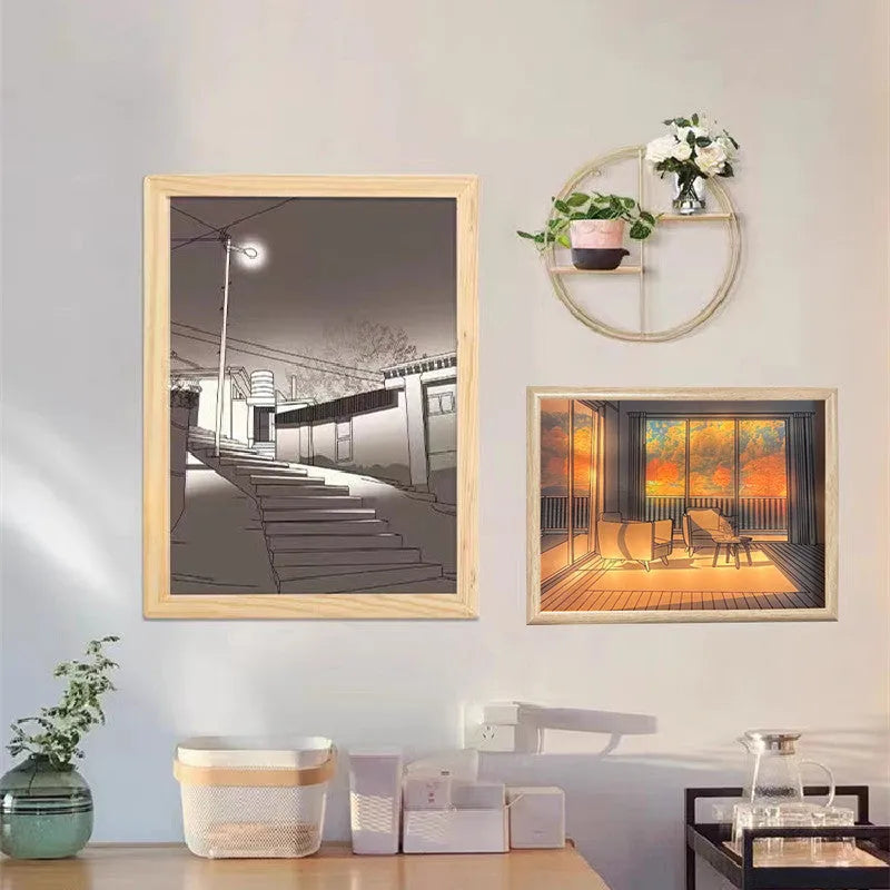 Modern rectangular LED light painting illuminating a scenic image of a mountain and river, showcasing its glow as a decorative night light.