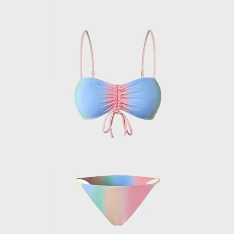 Women's lace up triangle bikini swimsuit with adjustable front and colour matching design