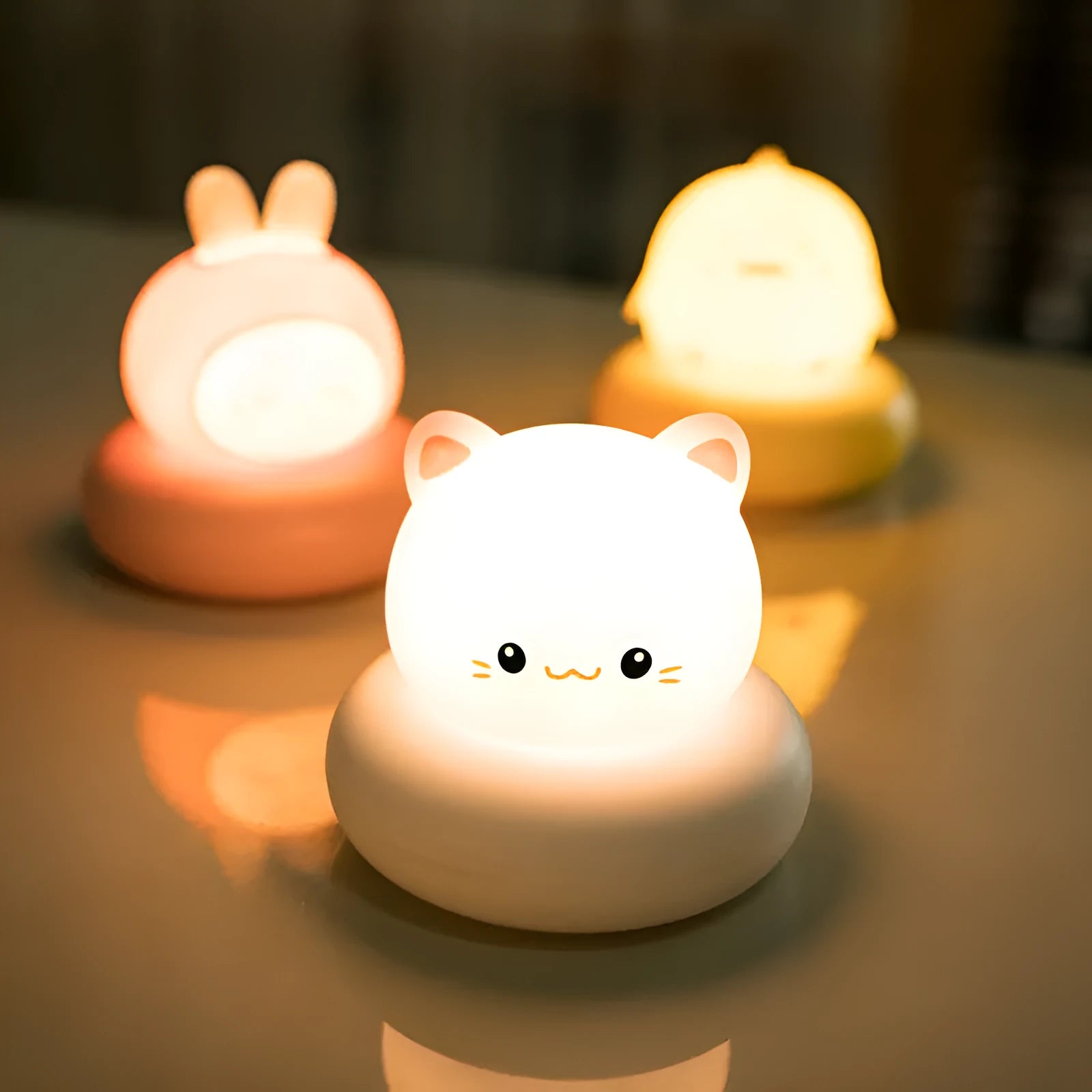 LED desk lamp with cute pet pink bunny design, vinyl shade, tap control, compact size