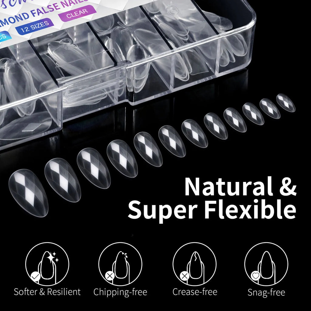 False nail tips with 3D diamond texture in long shaping, showing multiple colour collections.