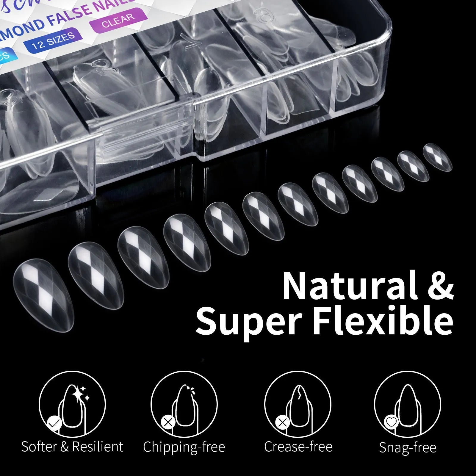 False nail tips with 3D diamond texture in long shaping, showing multiple colour collections.