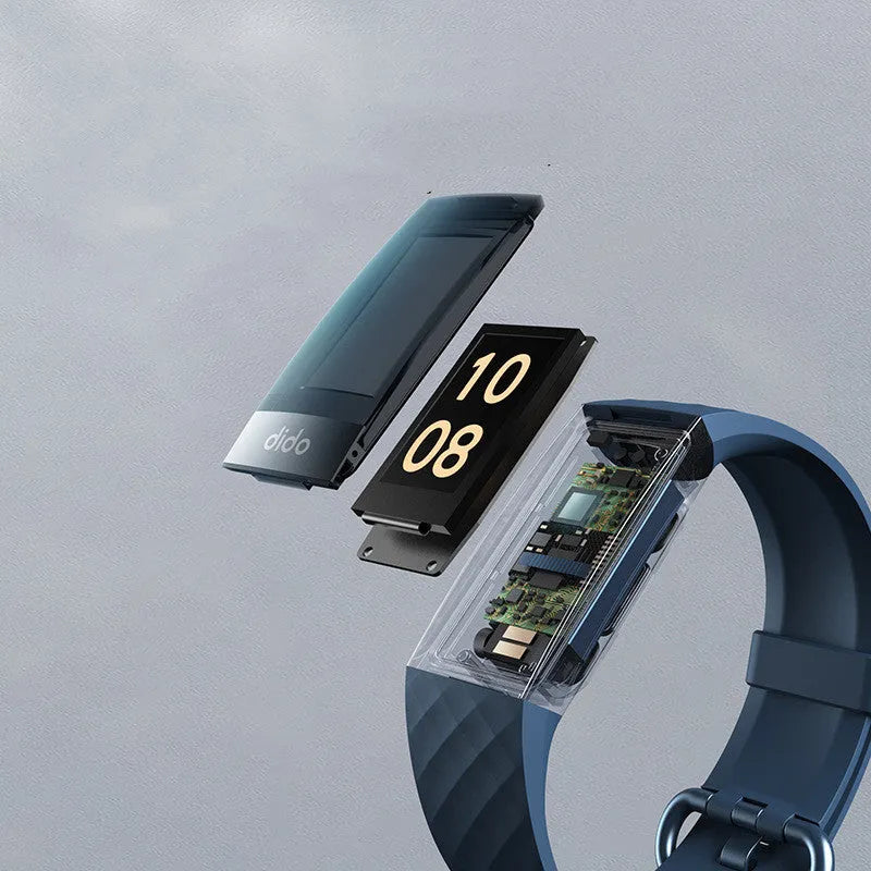 Smart bracelet on wrist showing blood pressure and ECG monitoring on its 1.1-inch screen.