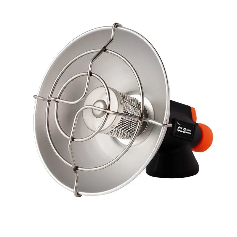 Black and orange portable gas heating stove for camping with automatic ignition.