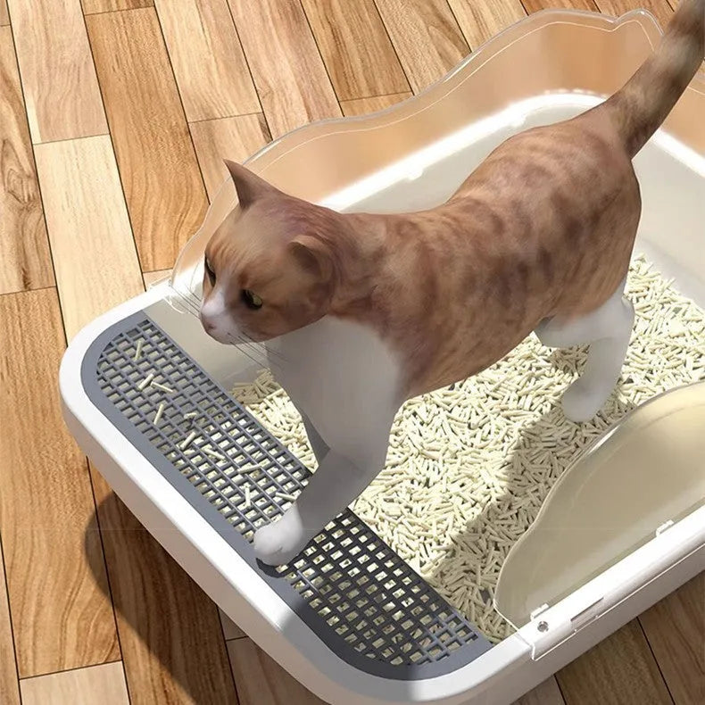Extra large semi-closed cat litter box in milk cream white with shovel and deodorant bag, 43cm size