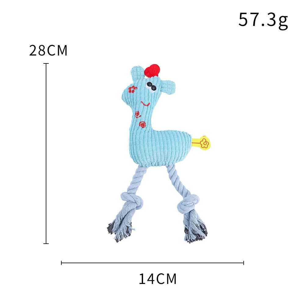 Blue deer-shaped plush pet toy with corn grain texture and squeaker sound feature