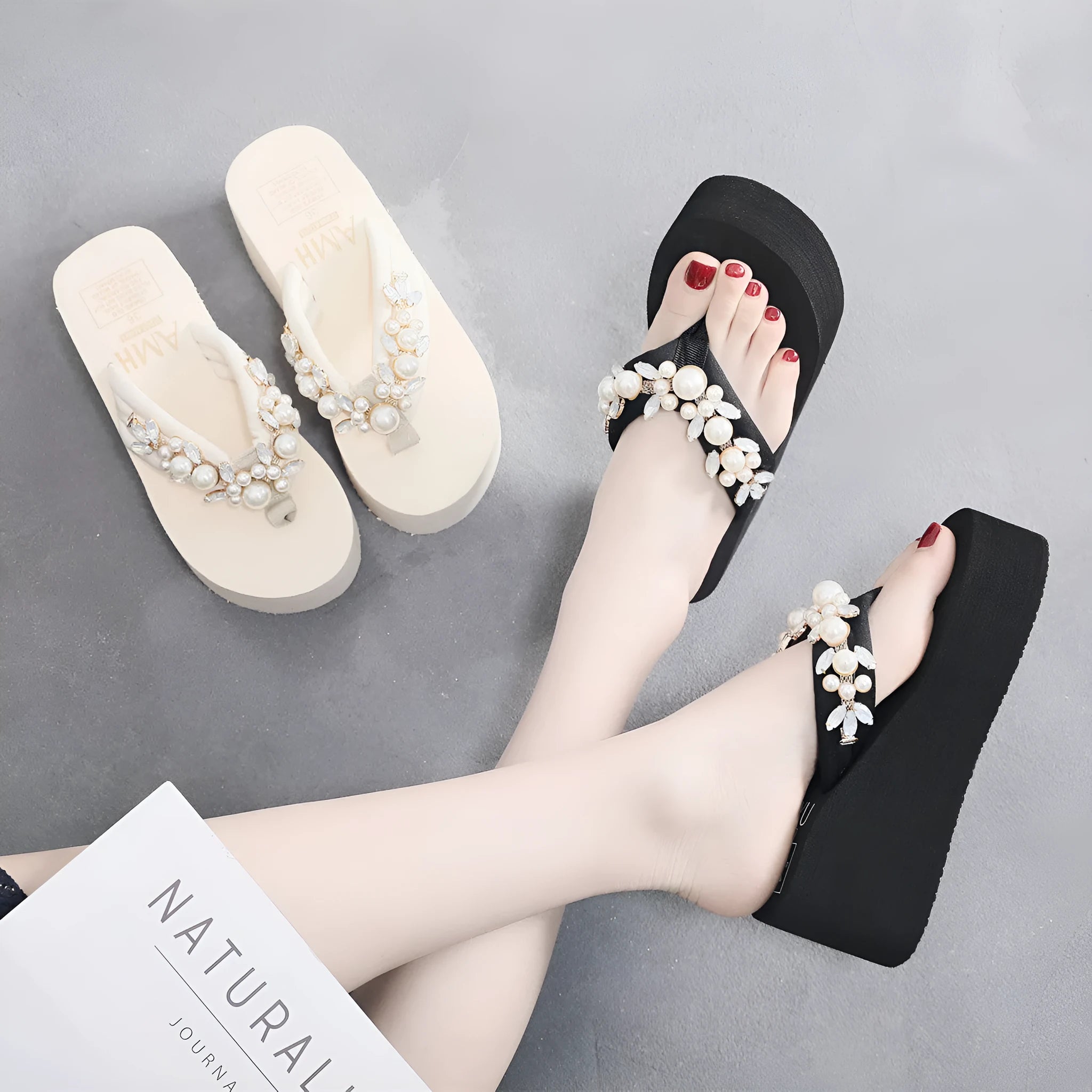 Women's high-heeled flip-flops with cotton fabric upper in black or beige colour