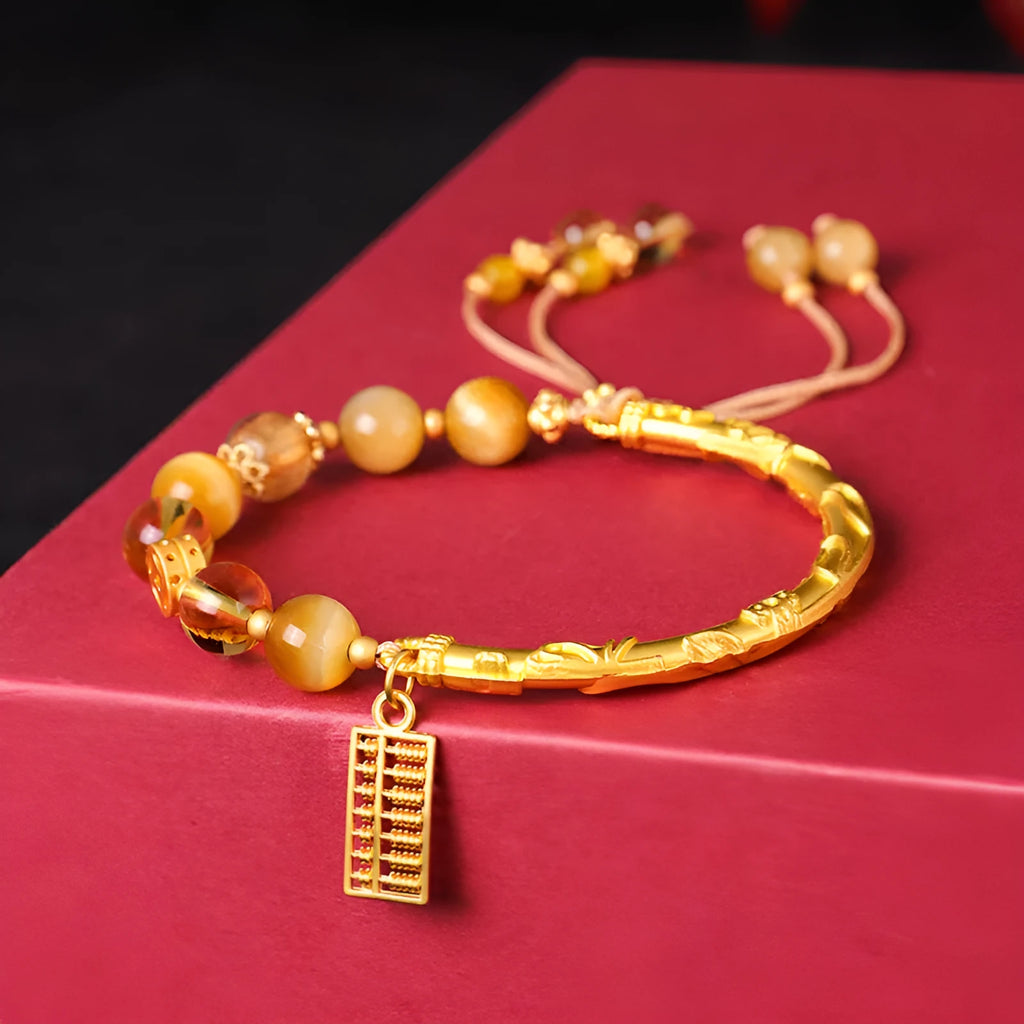 Women's abacus tag bracelet with tigereye and citrine gemstone beads and copper diamond charm