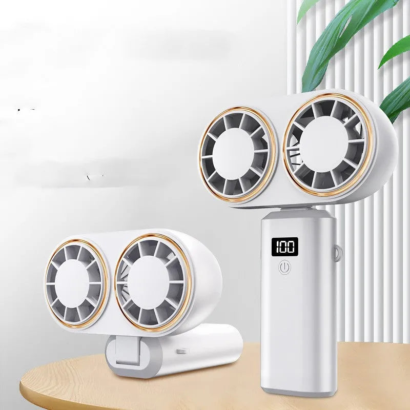 USB handheld mini fan with folding design and digital display screen showing battery level