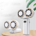 USB handheld mini fan with folding design and digital display screen showing battery level