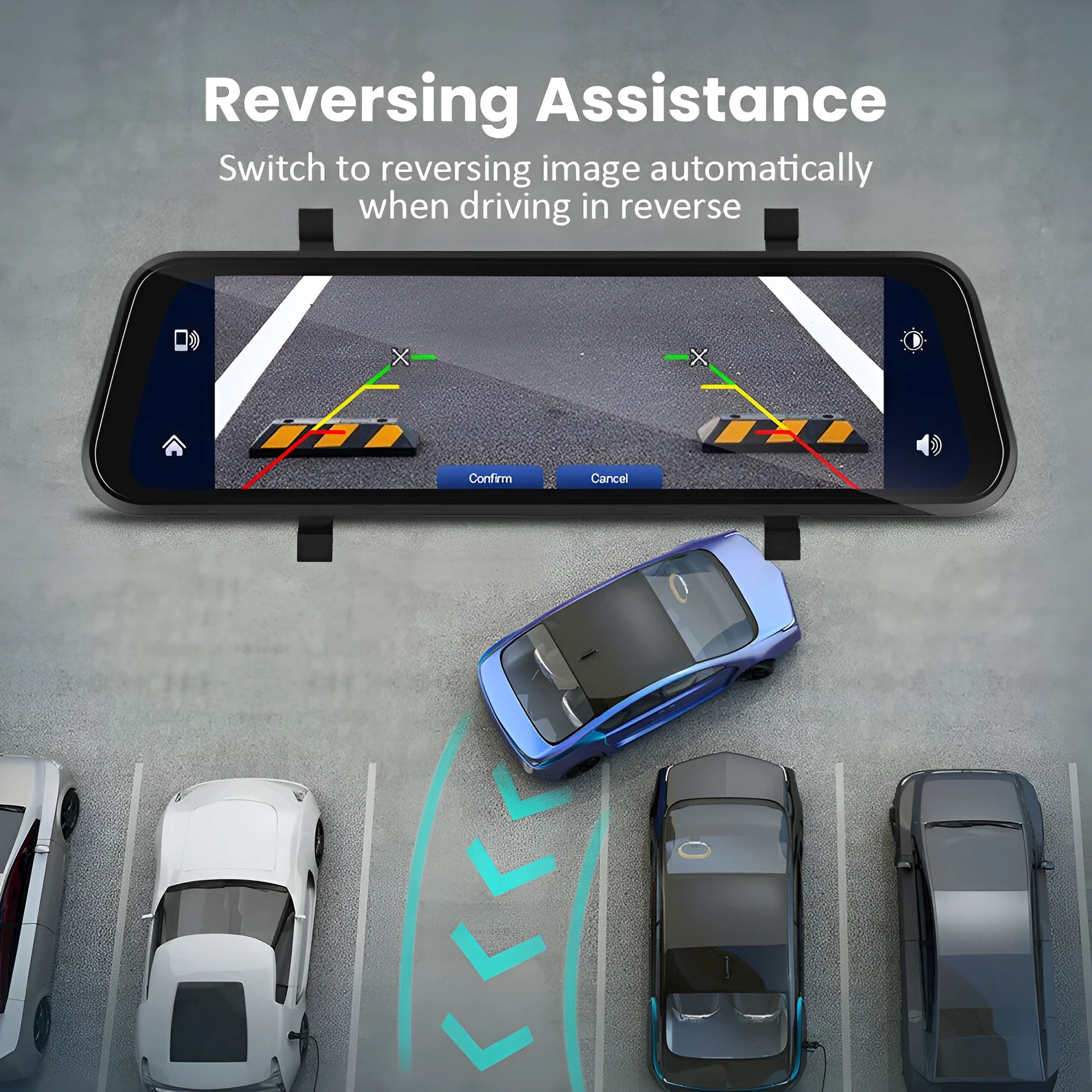 9.66 inch mirror-mounted car dash cam with rear view camera displayed with 64GB memory card and installation kit