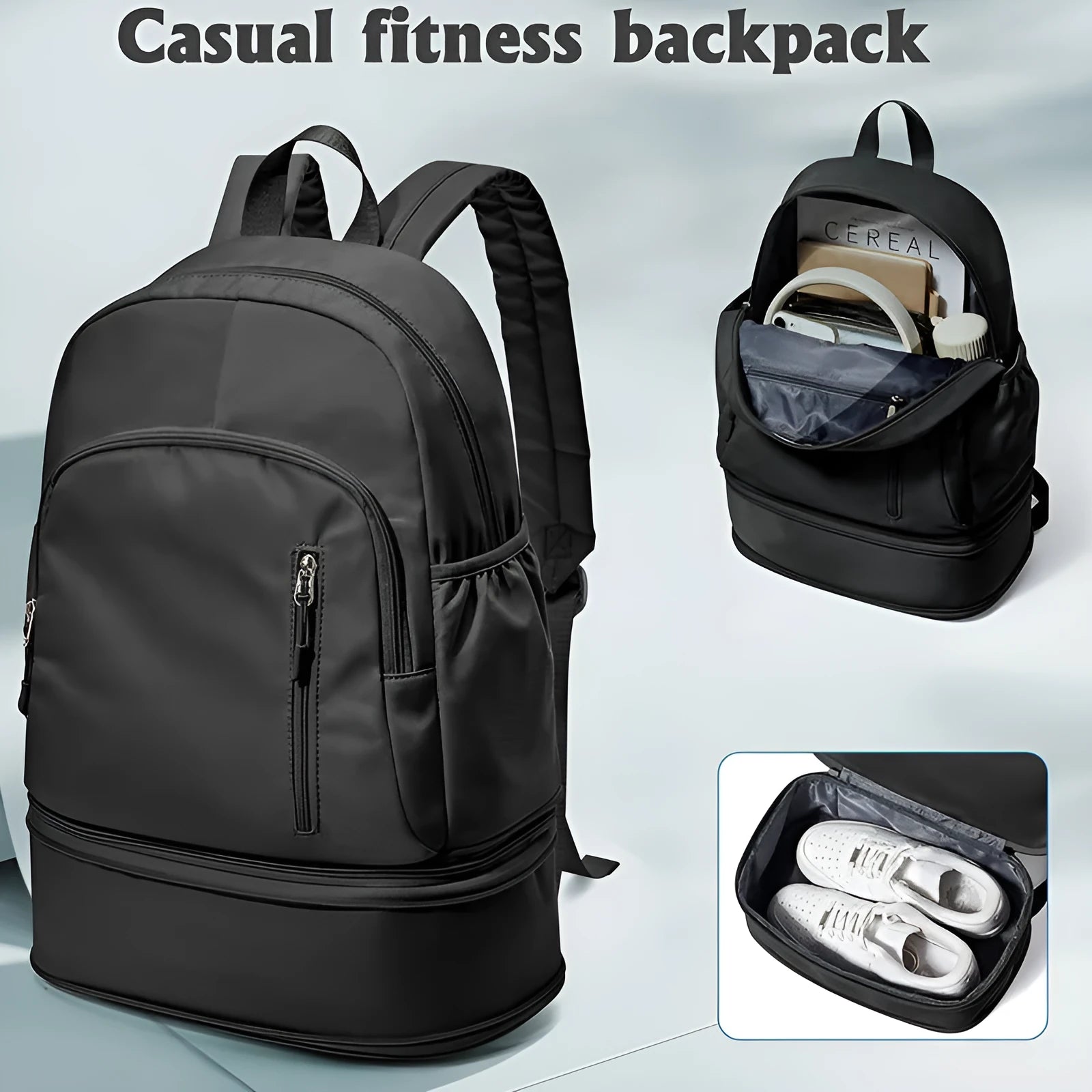 Women's casual backpack in grey colour showing curved shoulder straps and contrast stitching details