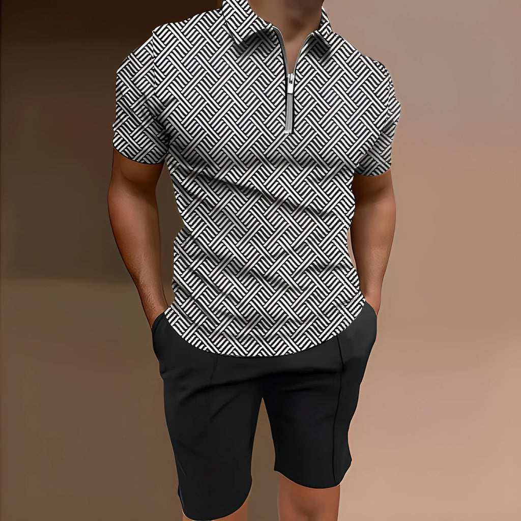 Men's printed polyester short sleeve top and matching shorts two-piece casual set