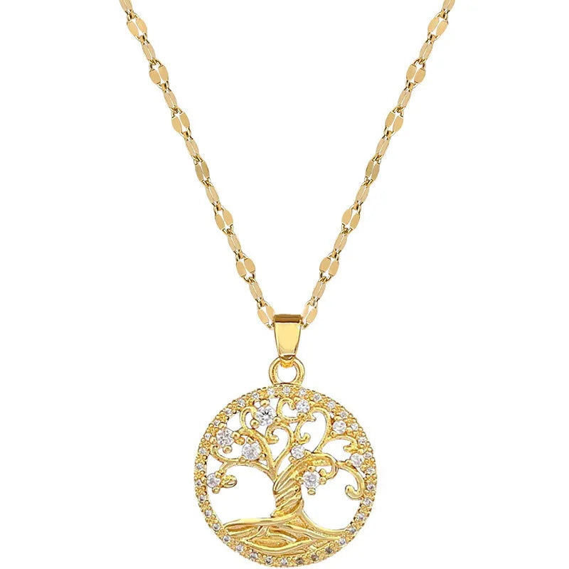 Gold-plated cross necklace with a mother pearl pendant, detailed rhinestones, and an adjustable lip chain.