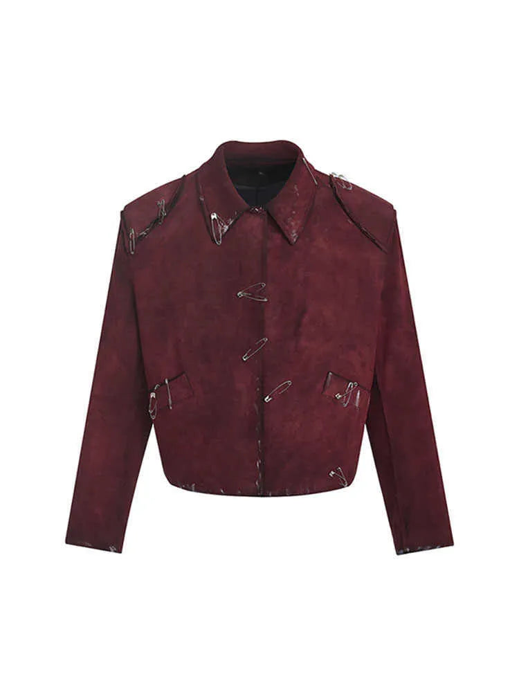 Men's red loose-fit quilted jacket with black flocking decorative pin detailing and lapel collar