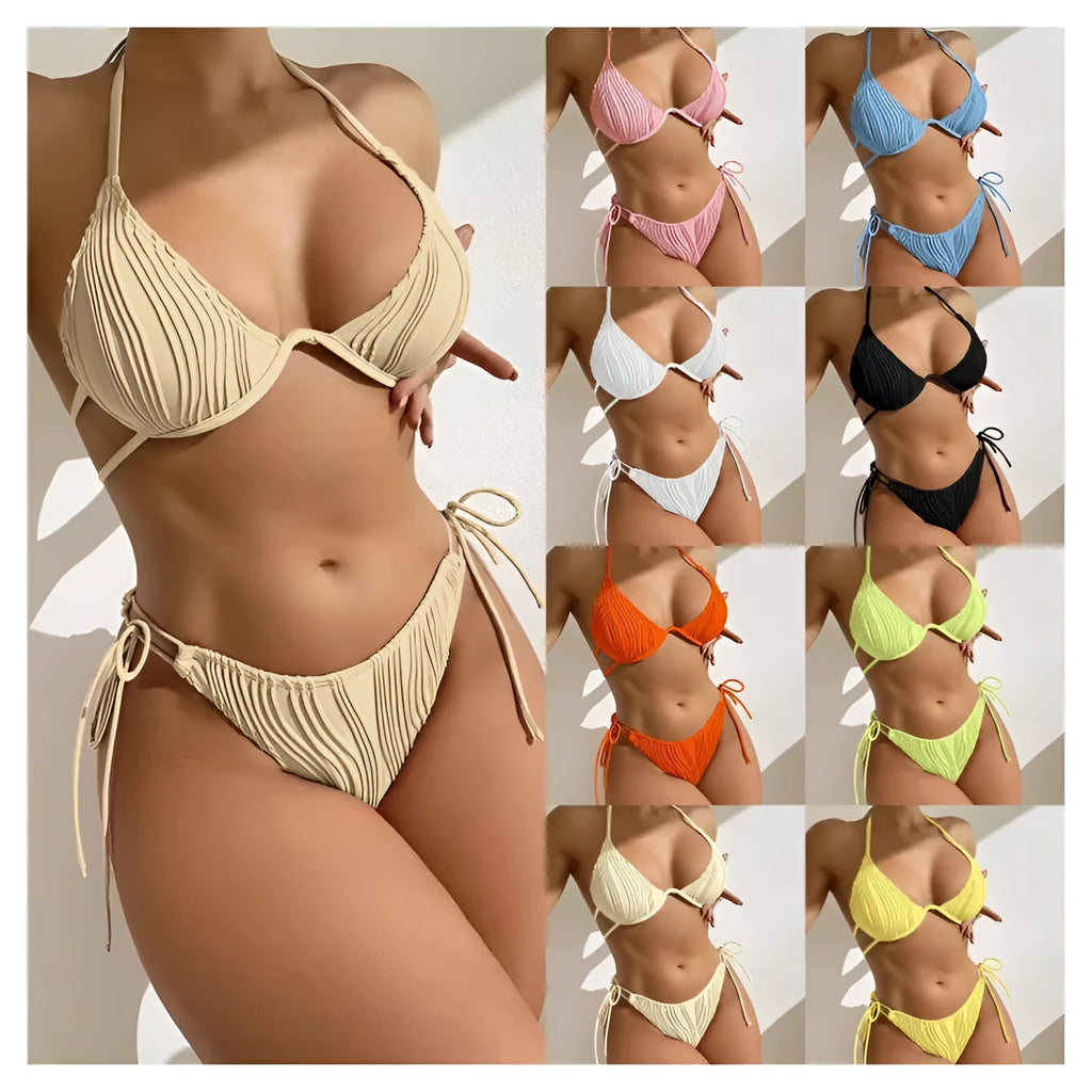 Women's apricot coloured split bikini with steel underwire top.