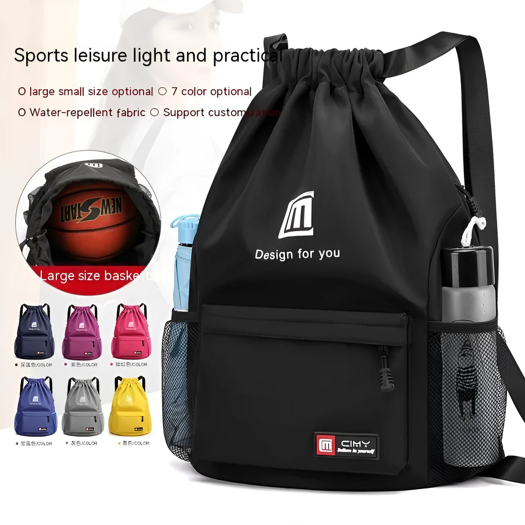 Oxford fabric drawstring travel backpack in grey, shown with double shoulder straps and bucket shape.
