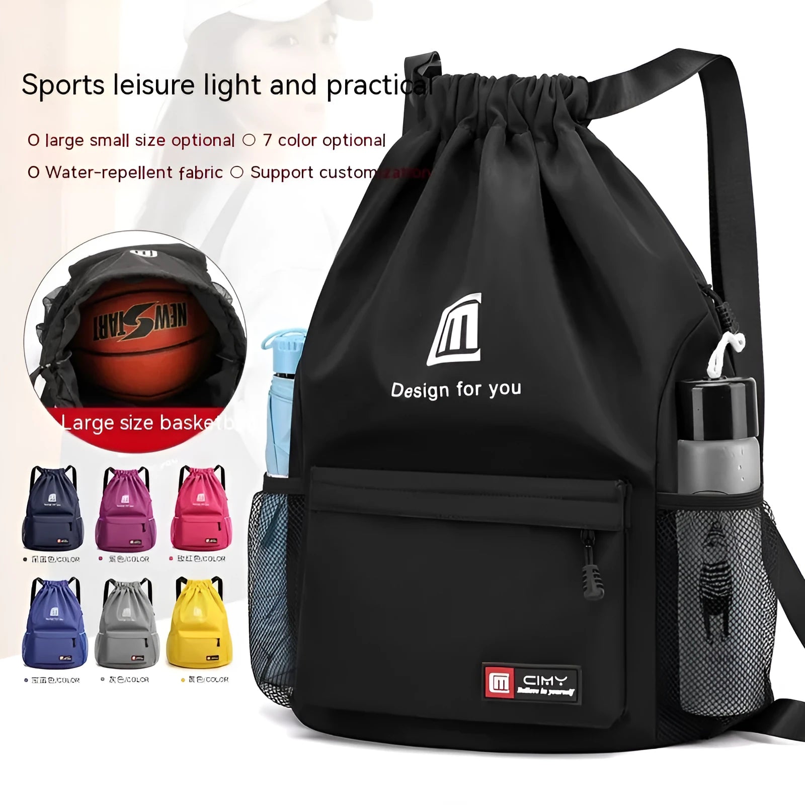 Oxford fabric drawstring travel backpack in grey, shown with double shoulder straps and bucket shape.