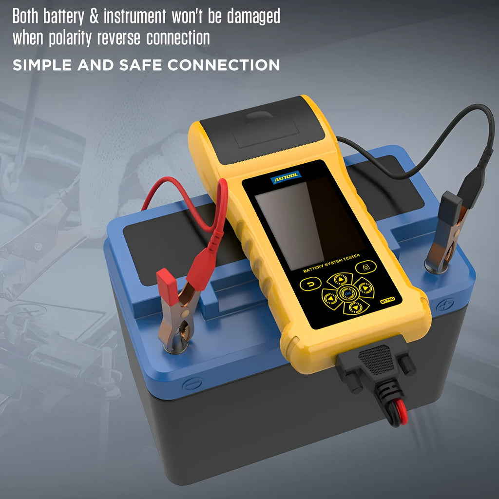 Autool BT760 colour screen vehicle battery tester with test clips and printed diagnostic receipt.