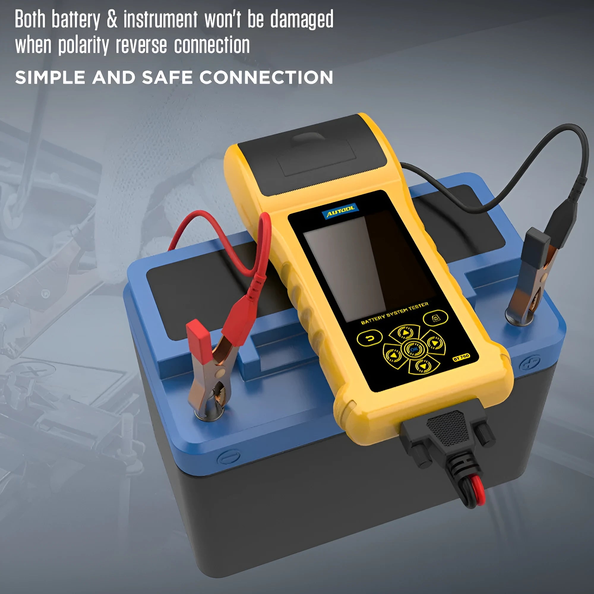 Autool BT760 colour screen vehicle battery tester with test clips and printed diagnostic receipt.