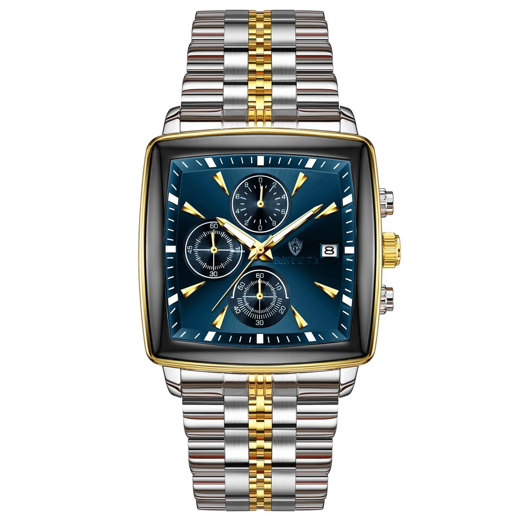 Men's rectangular stainless steel business watch with luminous hands and waterproof quartz movement