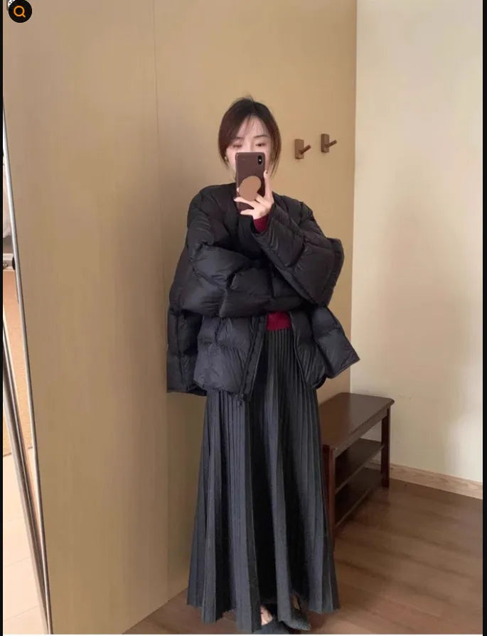 Dark grey knitted long dress suit with three-dimensional pattern and matching skirt, artistic retro ethnic style.