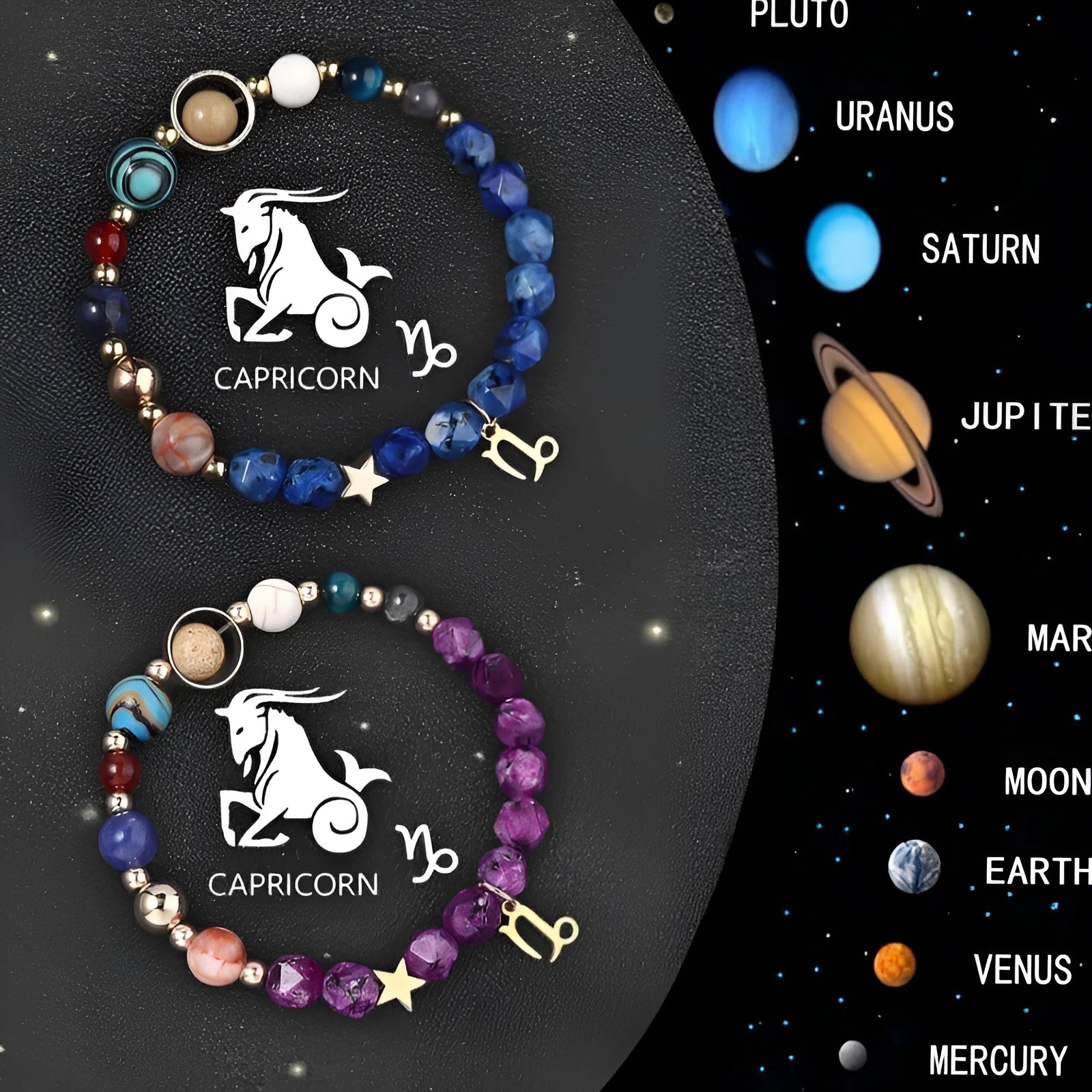 Set of two natural stone beaded bracelets featuring charms for the twelve zodiac signs.