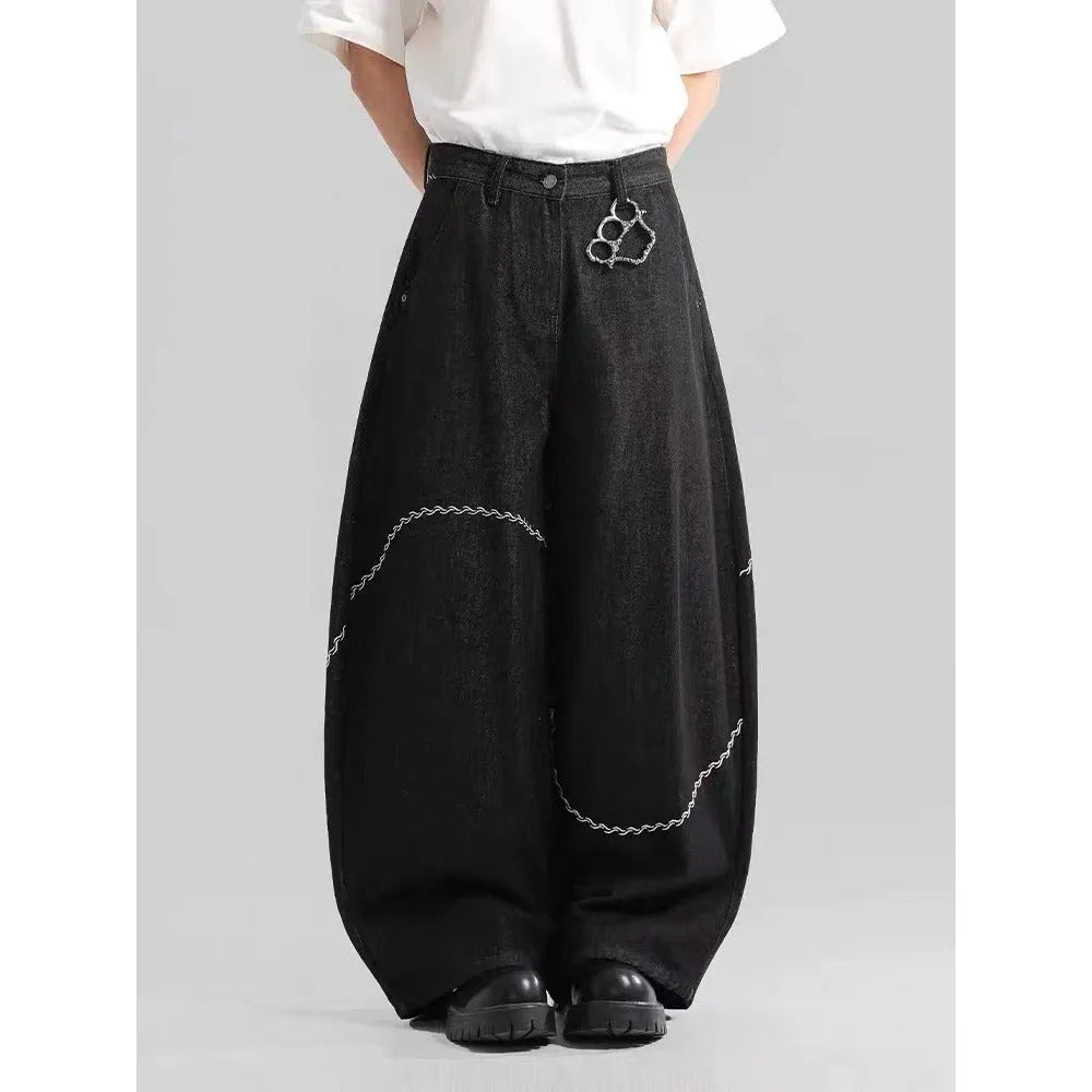 Black straight-leg trousers with zip fly placket and mid-waist design
