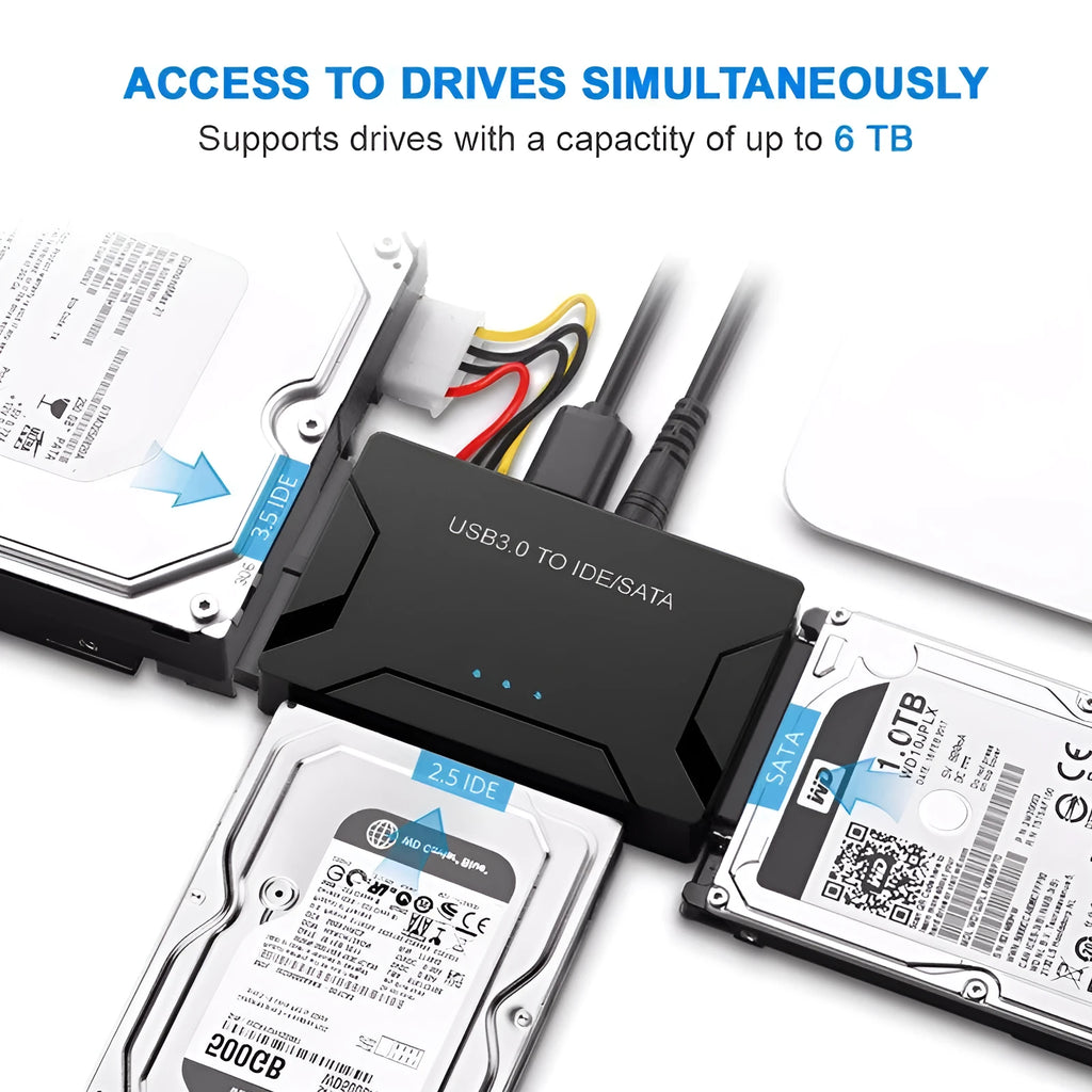 USB to IDE SATA desktop hard disk adapter with power supply and cables for 25-inch and 35-inch drives